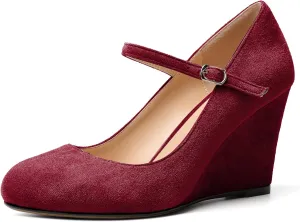 AUMOTED Women Wedge Round Toe Pumps High Heels Mary Jane Ankle Strap with Adjustable Buckle Wedding Party Dress Shoes 3.4 Inches