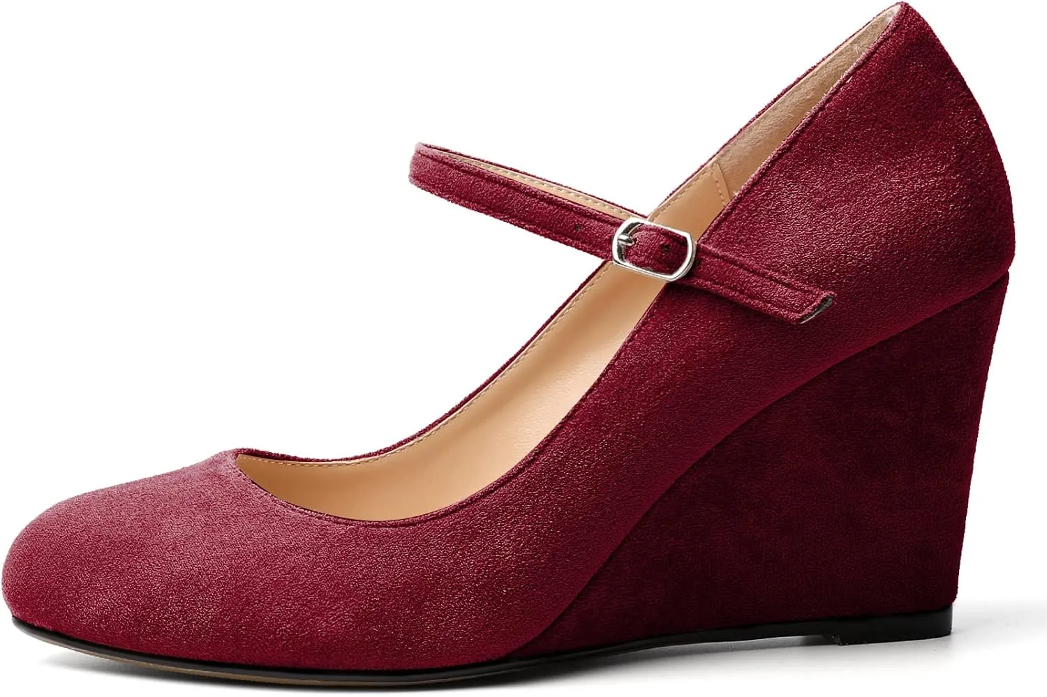 AUMOTED Women Wedge Round Toe Pumps High Heels Mary Jane Ankle Strap with Adjustable Buckle Wedding Party Dress Shoes 3.4 Inches