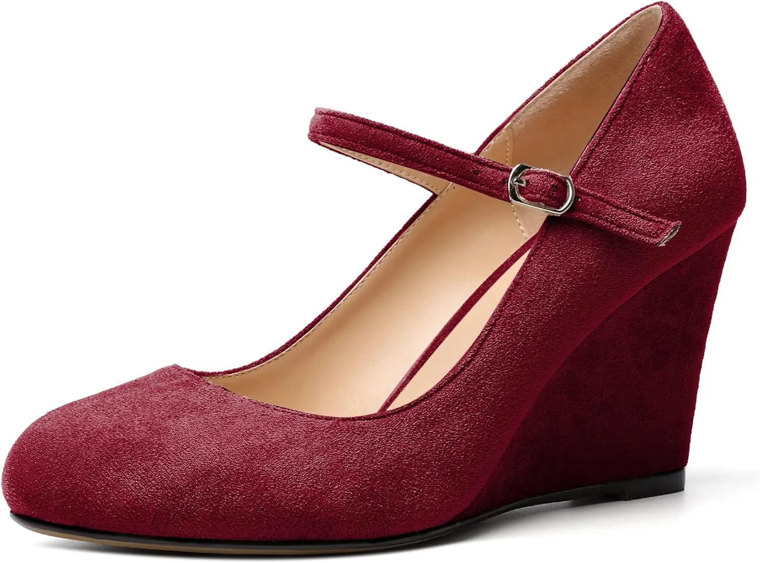 AUMOTED Women Wedge Round Toe Pumps High Heels Mary Jane Ankle Strap with Adjustable Buckle Wedding Party Dress Shoes 3.4 Inches