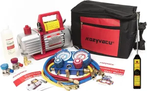 AUTO AC Repair Complete Tool Kit - 1-Stage 3.5 CFM Vacuum Pump, HVAC Manifold Gauge Set, Hoses, and Freon Leak Detector, Ideal for Automotive, Mini Split, and Refrigeration App (KZTA350F )
