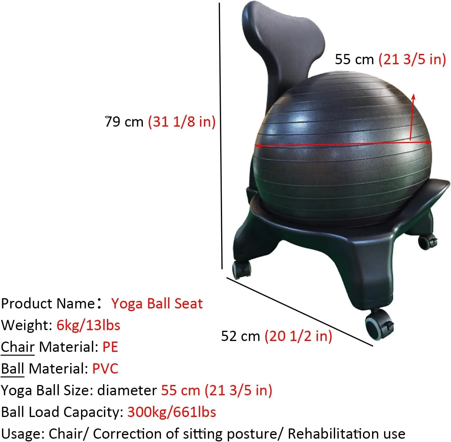 Ball Chair with Back Support, Yoga Ball Seat for Office Chair with 4 Lockable Wheels/Foot Pump, Balance Balls Chairs for Corrective Sitting/Rehabilitative(Yoga Ball - Green)