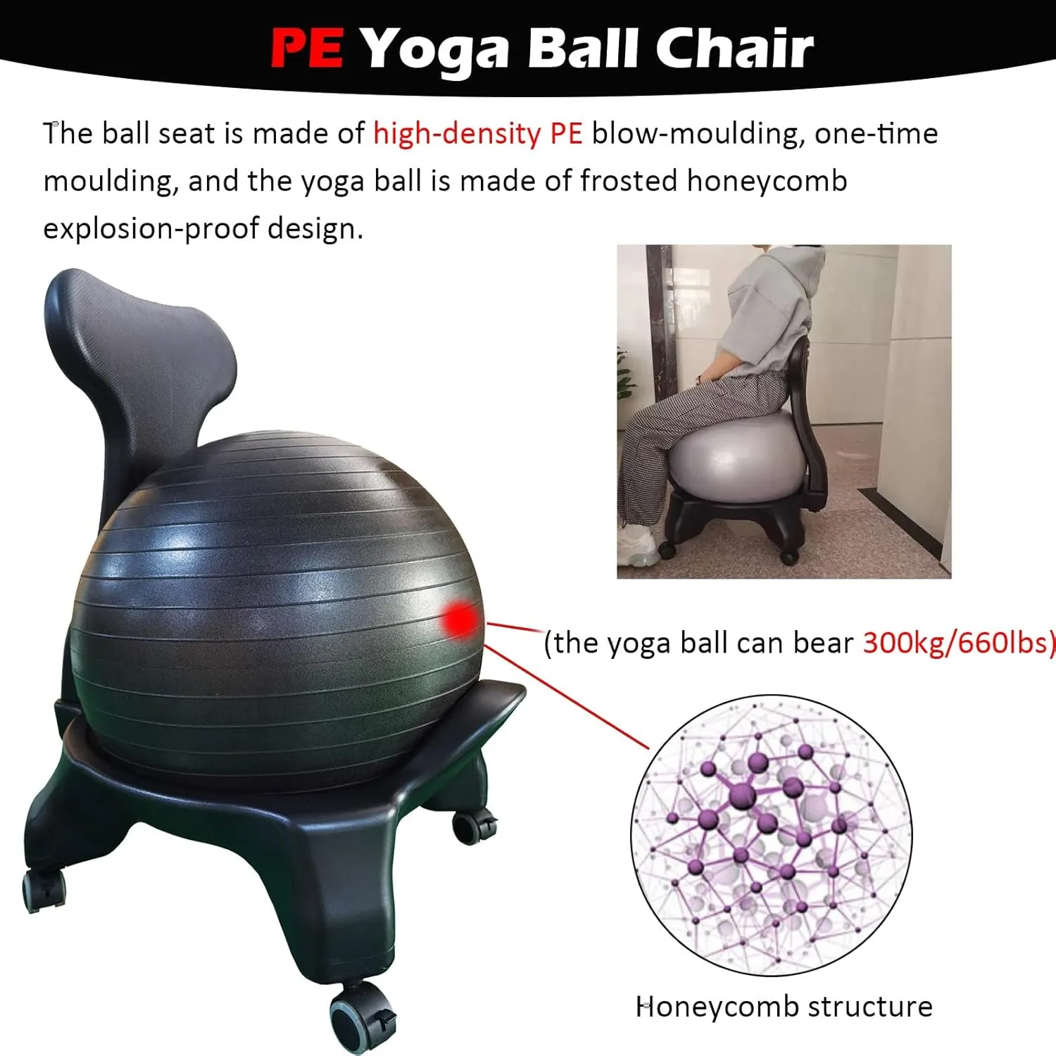 Ball Chair with Back Support, Yoga Ball Seat for Office Chair with 4 Lockable Wheels/Foot Pump, Balance Balls Chairs for Corrective Sitting/Rehabilitative(Yoga Ball - Green)