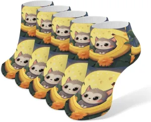 Banana Cat Print Ankle Socks for Men & Women, 5 Pairs Breathable Soft Low Cut Socks, Stretch Sweat Wicking Sox