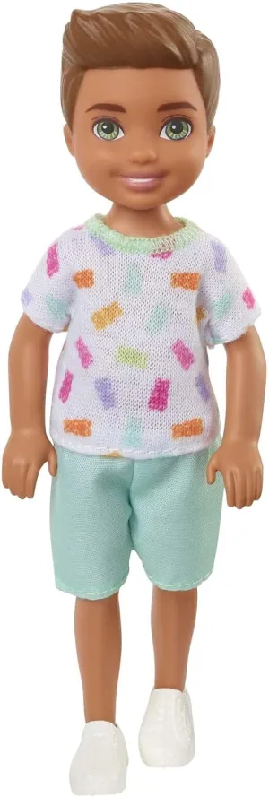 Barbie Chelsea Doll, Small Boy Doll with Brown Hair & Blue Eyes Wearing Gummy Bear T-shirt, Shorts & Shoes