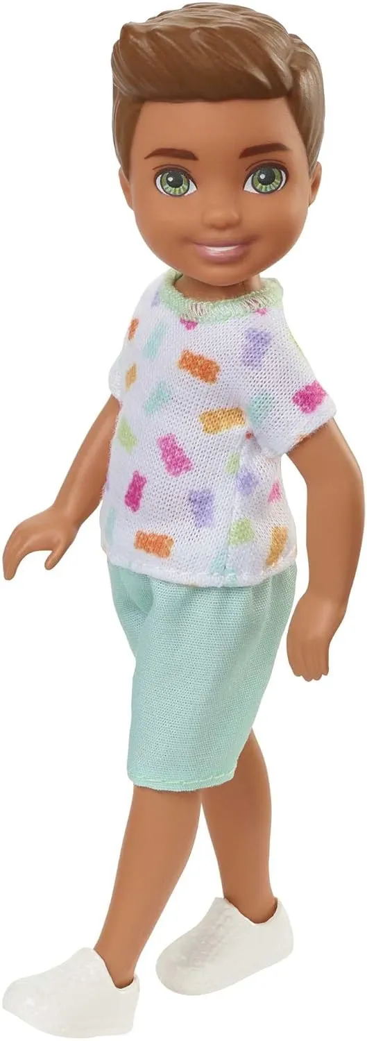 Barbie Chelsea Doll, Small Boy Doll with Brown Hair & Blue Eyes Wearing Gummy Bear T-shirt, Shorts & Shoes
