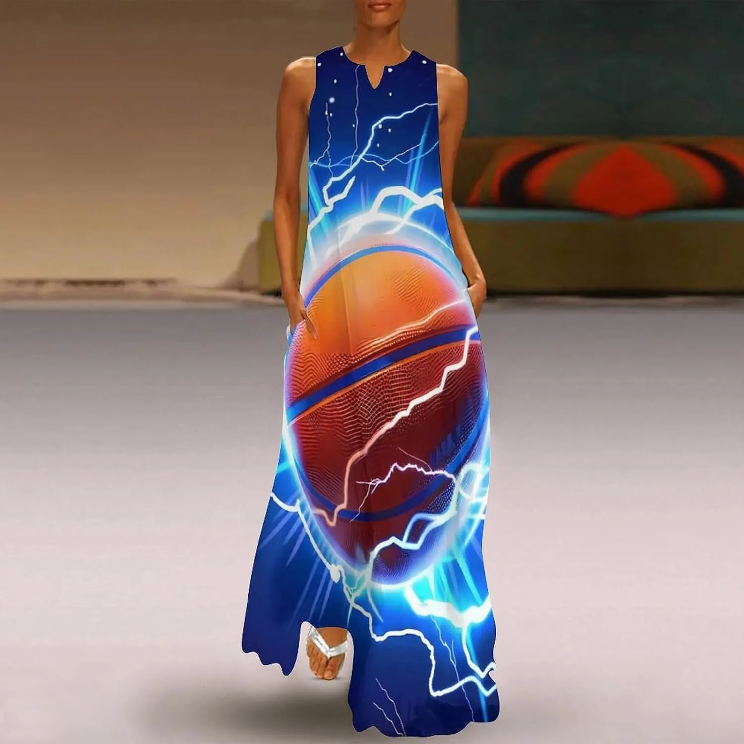 Basketball Thunder Women's Casual Maxi Dress Sleeveless Summer Beach Long Sundress