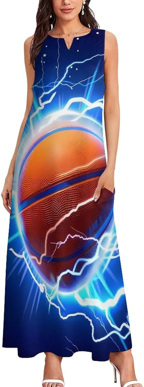 Basketball Thunder Women's Casual Maxi Dress Sleeveless Summer Beach Long Sundress