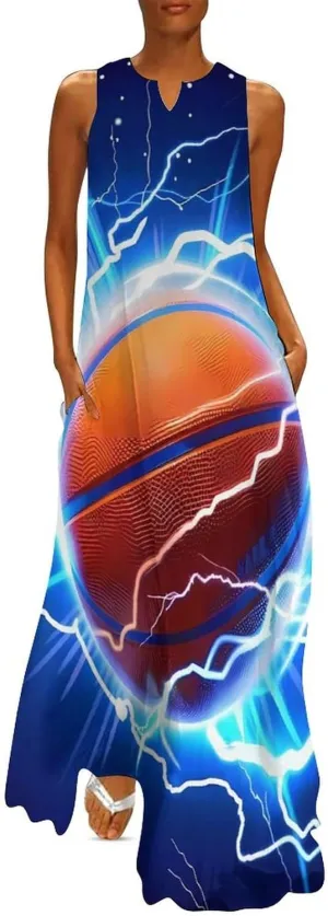 Basketball Thunder Women's Casual Maxi Dress Sleeveless Summer Beach Long Sundress