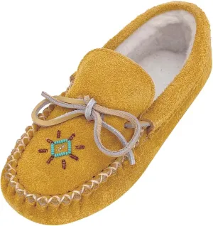 Bastien Industries Lined Women's Moose Suede Leather Beaded Moccasin Slippers