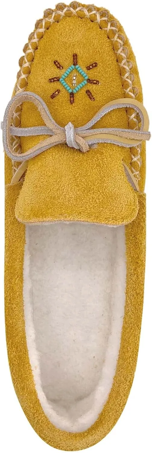 Bastien Industries Lined Women's Moose Suede Leather Beaded Moccasin Slippers