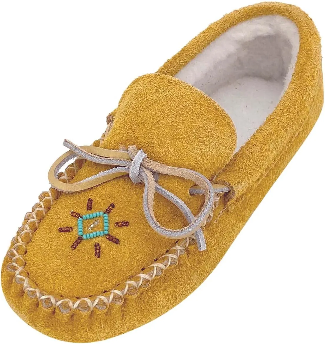 Bastien Industries Lined Women's Moose Suede Leather Beaded Moccasin Slippers