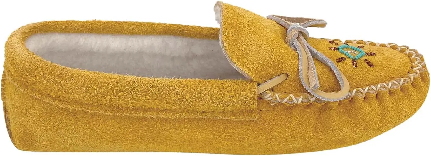 Bastien Industries Lined Women's Moose Suede Leather Beaded Moccasin Slippers