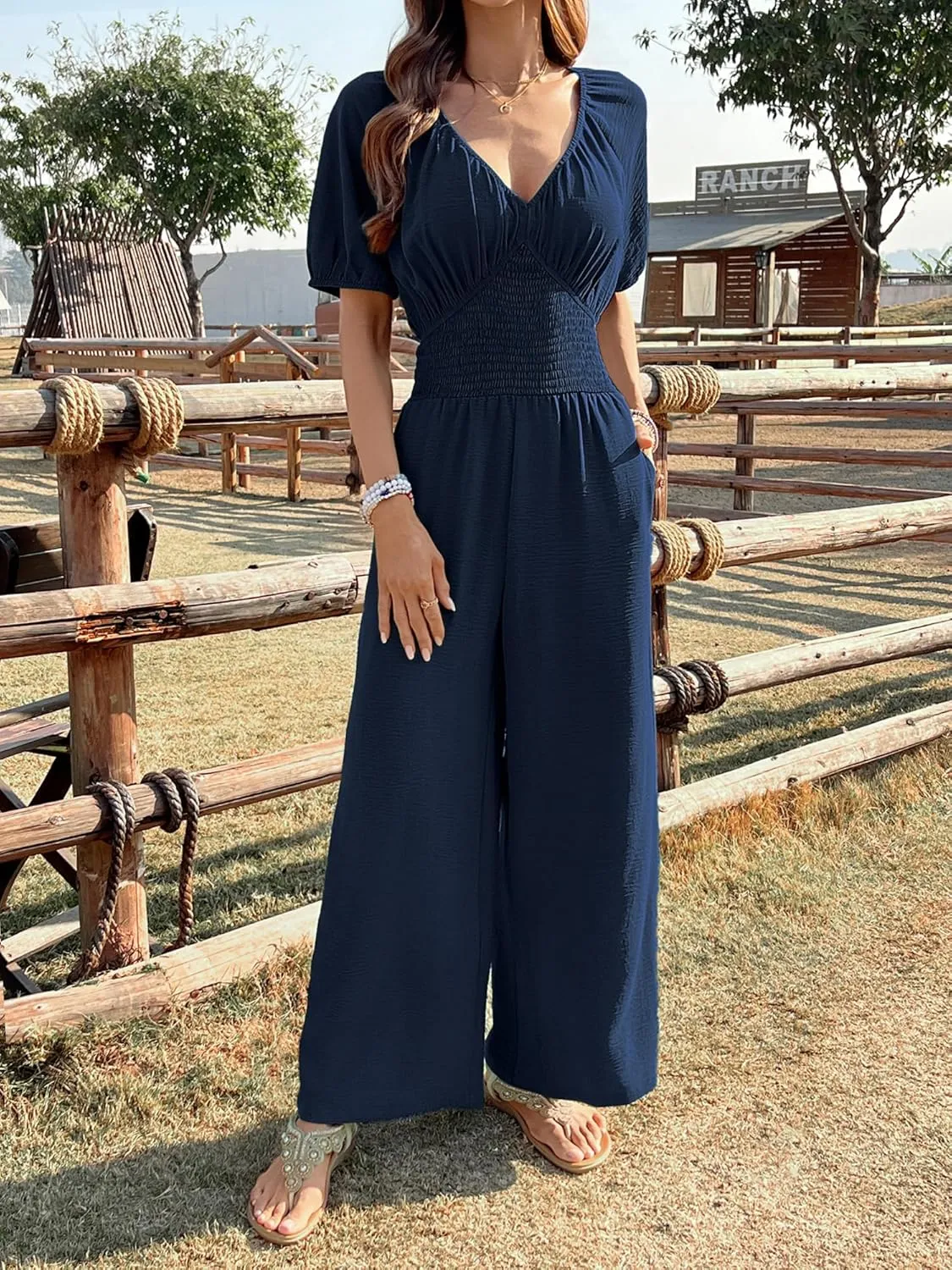 BB&KK Women's Summer Jumpsuit Dressy Short Sleeve V-Neck Smocked High Waist Wide Leg Pants One Piece Romper with Pockets