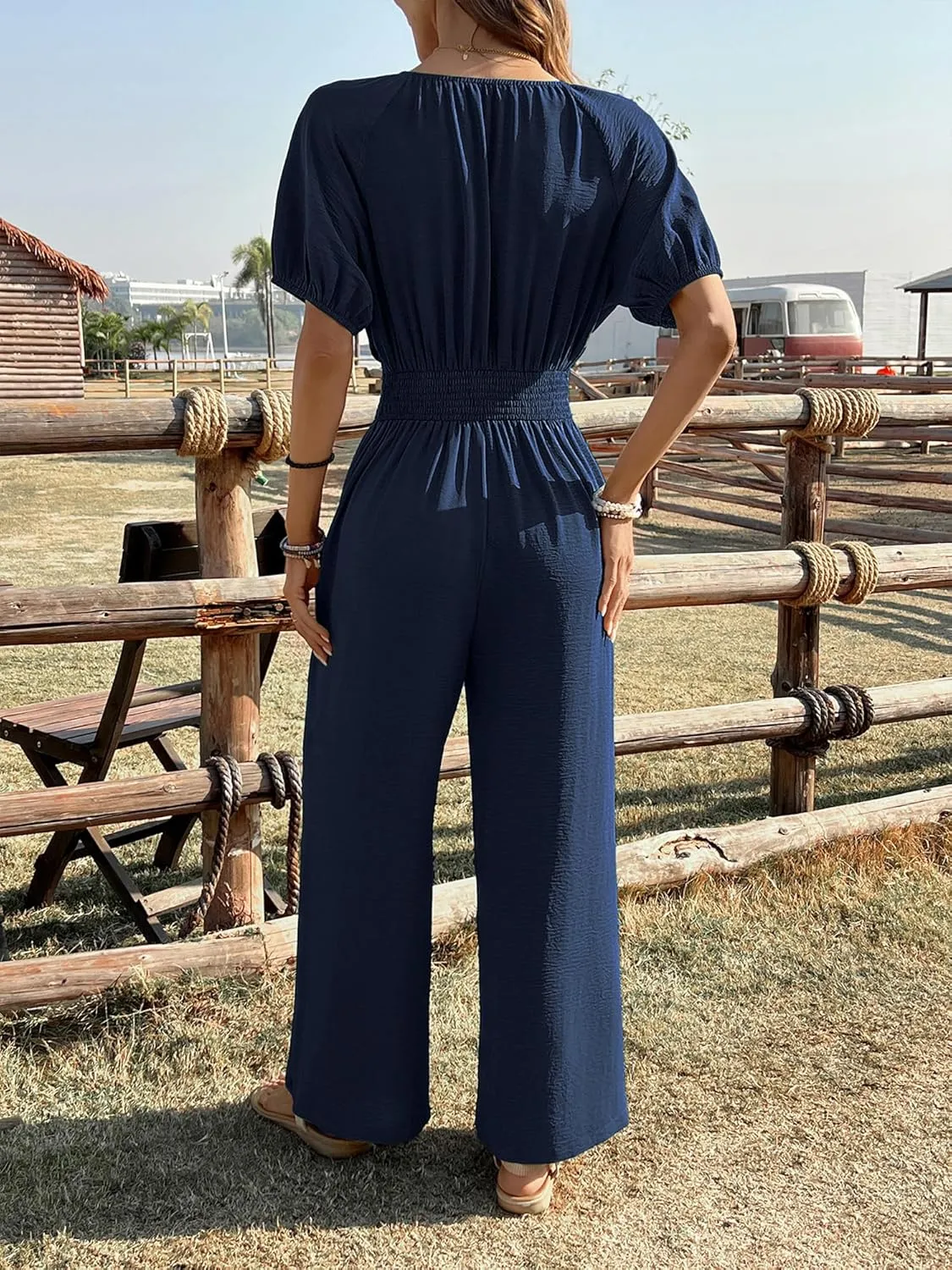 BB&KK Women's Summer Jumpsuit Dressy Short Sleeve V-Neck Smocked High Waist Wide Leg Pants One Piece Romper with Pockets