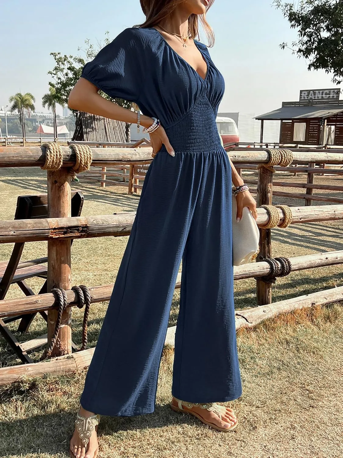 BB&KK Women's Summer Jumpsuit Dressy Short Sleeve V-Neck Smocked High Waist Wide Leg Pants One Piece Romper with Pockets