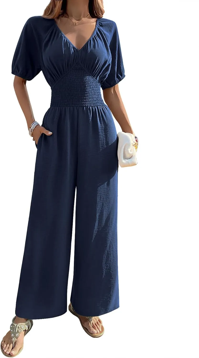 BB&KK Women's Summer Jumpsuit Dressy Short Sleeve V-Neck Smocked High Waist Wide Leg Pants One Piece Romper with Pockets