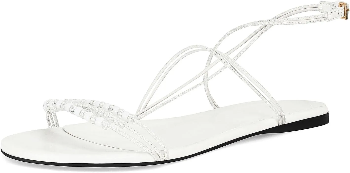 Beaded Strappy Flat Sandals for Women Bohemian Sandals Open Toe Slingback Flats Summer Vacation Beach Casual Daily Dressy Cute Shoes