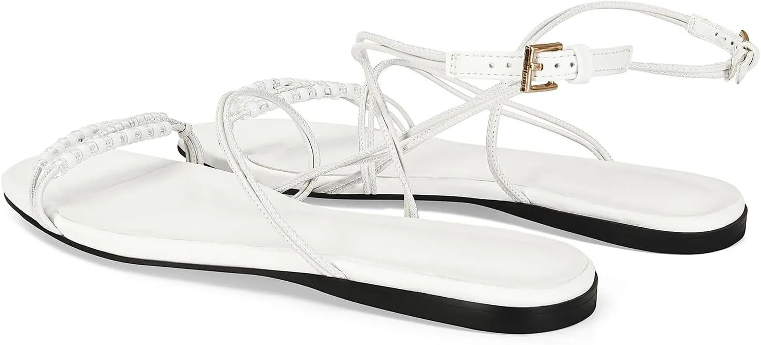 Beaded Strappy Flat Sandals for Women Bohemian Sandals Open Toe Slingback Flats Summer Vacation Beach Casual Daily Dressy Cute Shoes