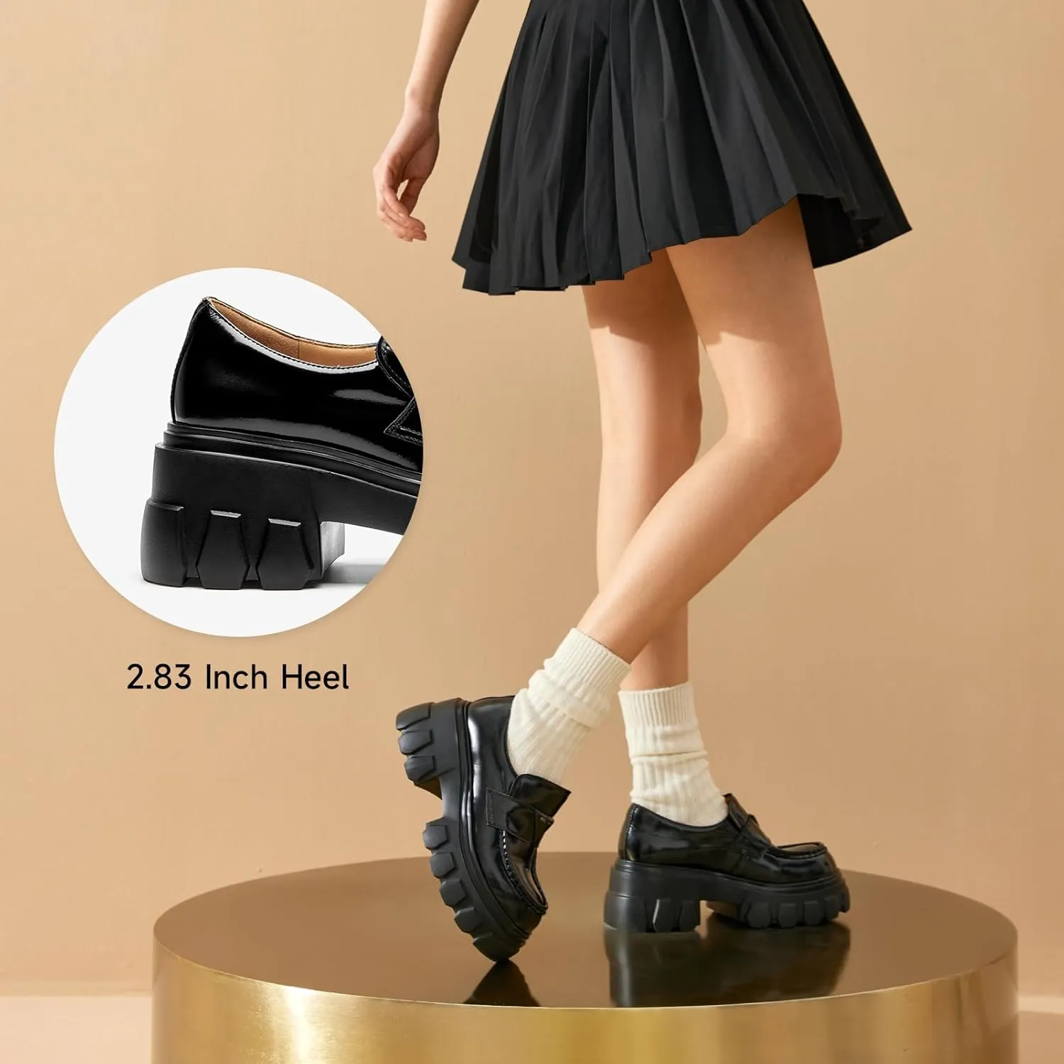 BEAU TODAY Platform Leather Loafers for Women, Chunky Lug Sole Loafers Women, Comfortable Slip-on Business Casual Non-Slip Round Toe Office Ladies Dress Shoes