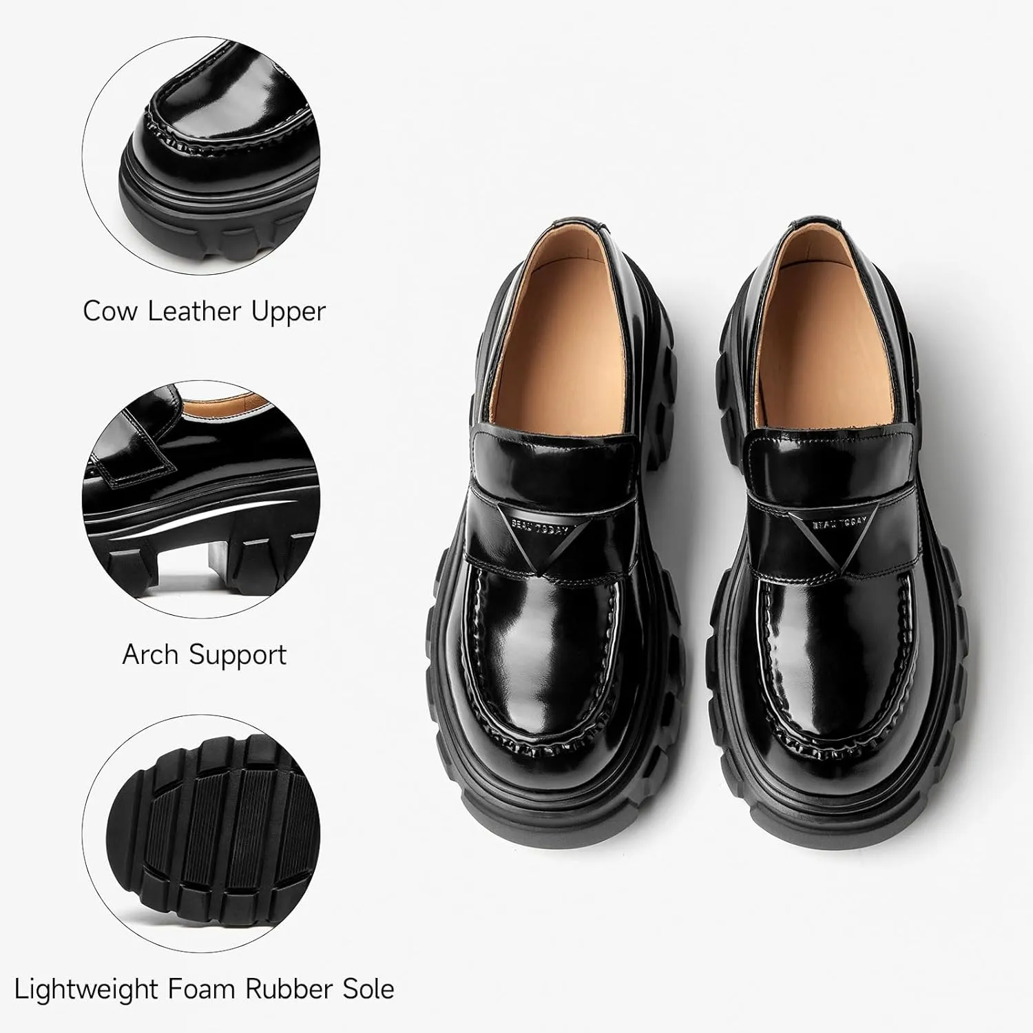 BEAU TODAY Platform Leather Loafers for Women, Chunky Lug Sole Loafers Women, Comfortable Slip-on Business Casual Non-Slip Round Toe Office Ladies Dress Shoes