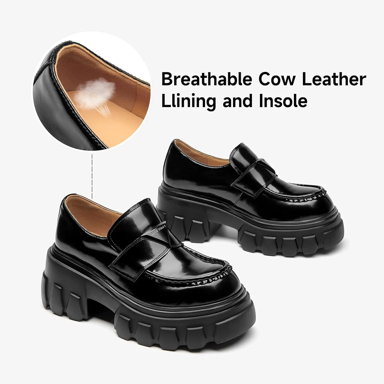 BEAU TODAY Platform Leather Loafers for Women, Chunky Lug Sole Loafers Women, Comfortable Slip-on Business Casual Non-Slip Round Toe Office Ladies Dress Shoes