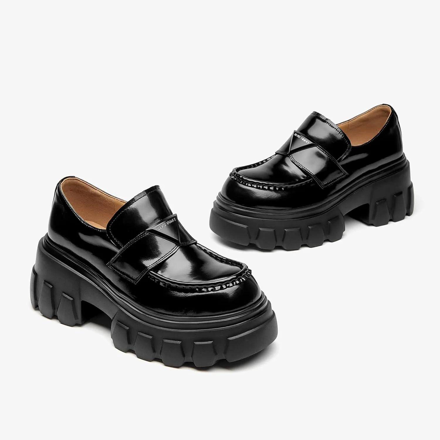 BEAU TODAY Platform Leather Loafers for Women, Chunky Lug Sole Loafers Women, Comfortable Slip-on Business Casual Non-Slip Round Toe Office Ladies Dress Shoes