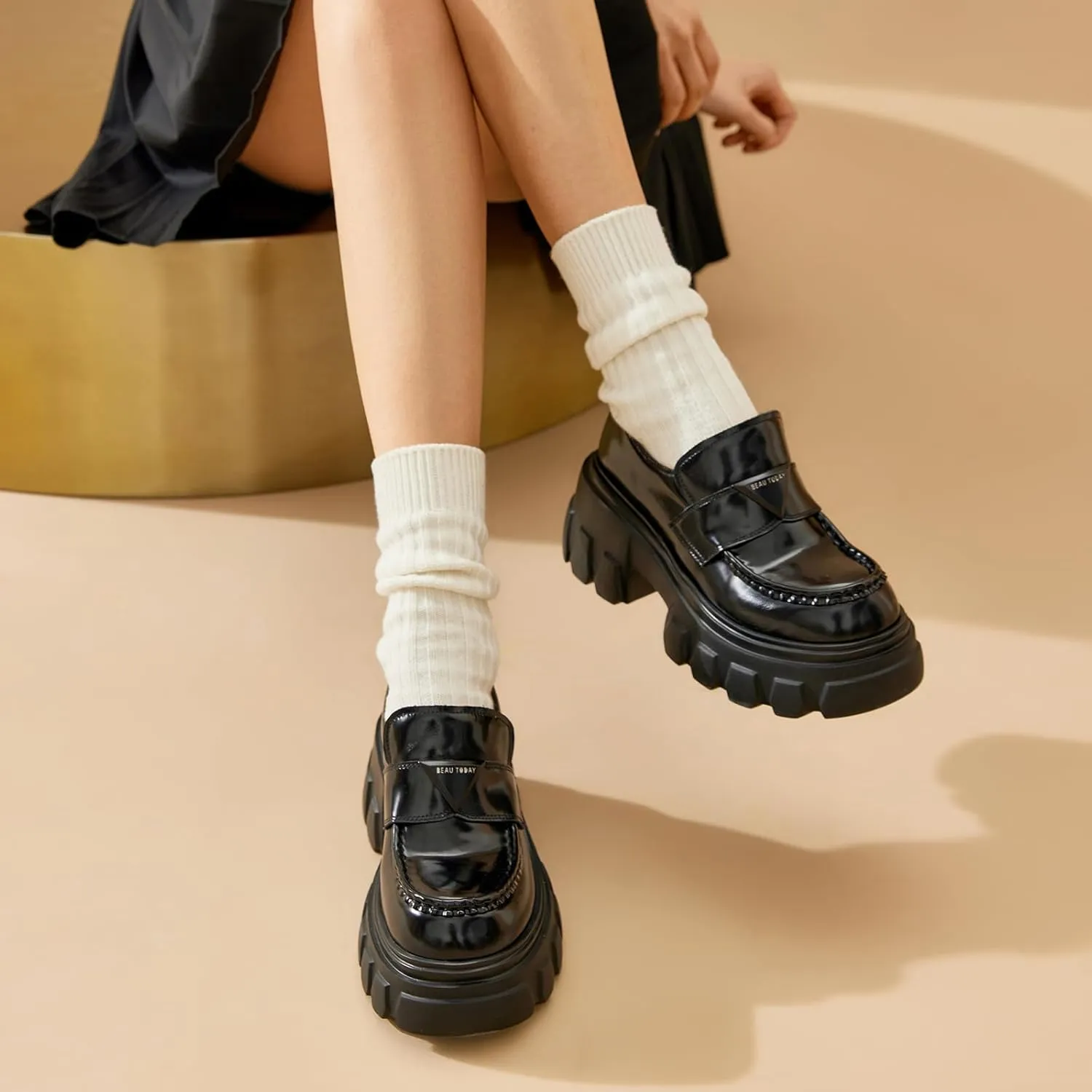 BEAU TODAY Platform Leather Loafers for Women, Chunky Lug Sole Loafers Women, Comfortable Slip-on Business Casual Non-Slip Round Toe Office Ladies Dress Shoes