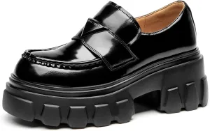 BEAU TODAY Platform Leather Loafers for Women, Chunky Lug Sole Loafers Women, Comfortable Slip-on Business Casual Non-Slip Round Toe Office Ladies Dress Shoes