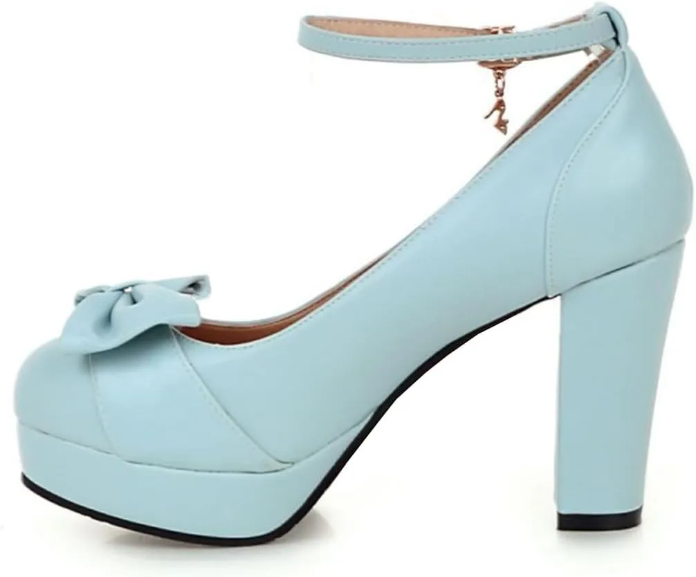 BEAUPAS Women's Buckle Ankle Strap Chunky Heels Platform High Heel Pump Bow Cute Shoes