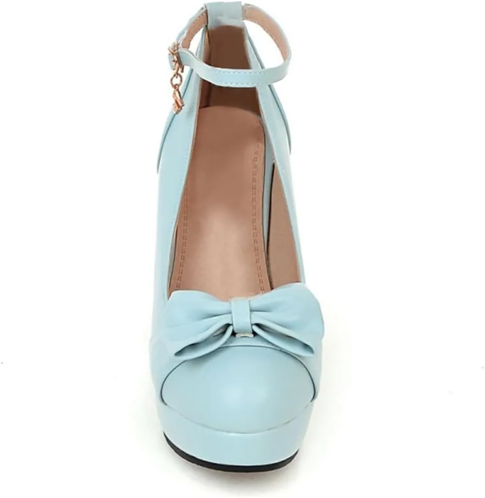 BEAUPAS Women's Buckle Ankle Strap Chunky Heels Platform High Heel Pump Bow Cute Shoes