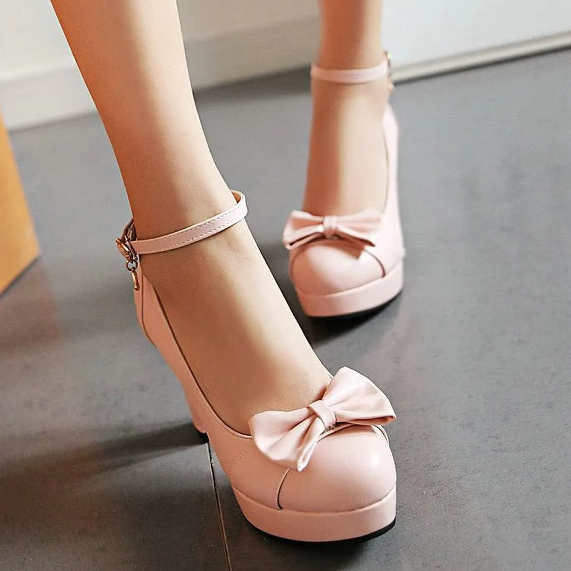 BEAUPAS Women's Buckle Ankle Strap Chunky Heels Platform High Heel Pump Bow Cute Shoes