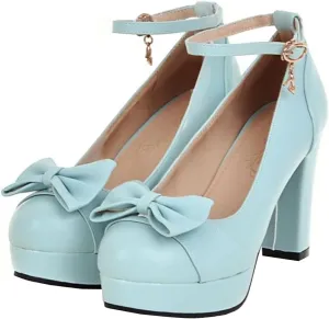 BEAUPAS Women's Buckle Ankle Strap Chunky Heels Platform High Heel Pump Bow Cute Shoes