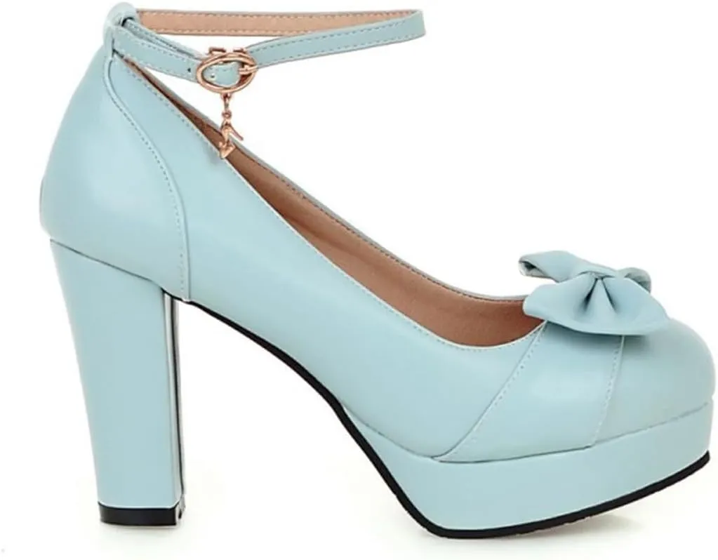 BEAUPAS Women's Buckle Ankle Strap Chunky Heels Platform High Heel Pump Bow Cute Shoes