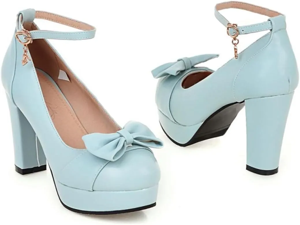 BEAUPAS Women's Buckle Ankle Strap Chunky Heels Platform High Heel Pump Bow Cute Shoes