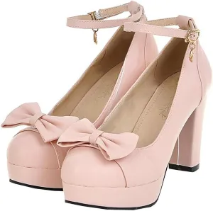 BEAUPAS Women's Buckle Ankle Strap Chunky Heels Platform High Heel Pump Bow Cute Shoes