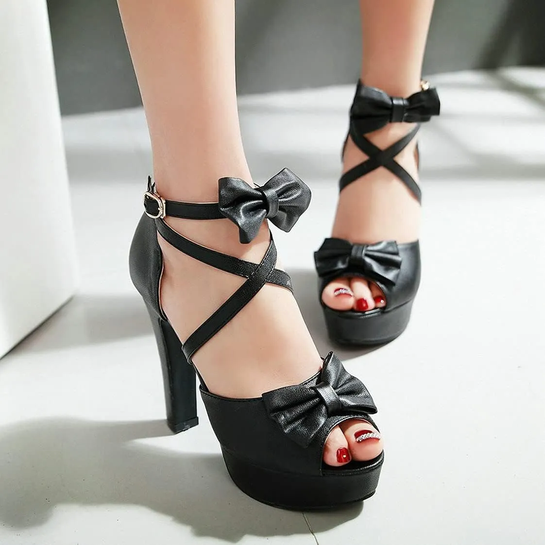 BEAUPAS Women's Peep Toe Chunky Block High Heels Platform Sandals Buckle Ankle Strappy Heeled Sandals Cute Bow Shoes