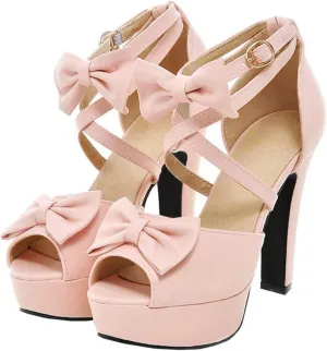 BEAUPAS Women's Peep Toe Chunky Block High Heels Platform Sandals Buckle Ankle Strappy Heeled Sandals Cute Bow Shoes