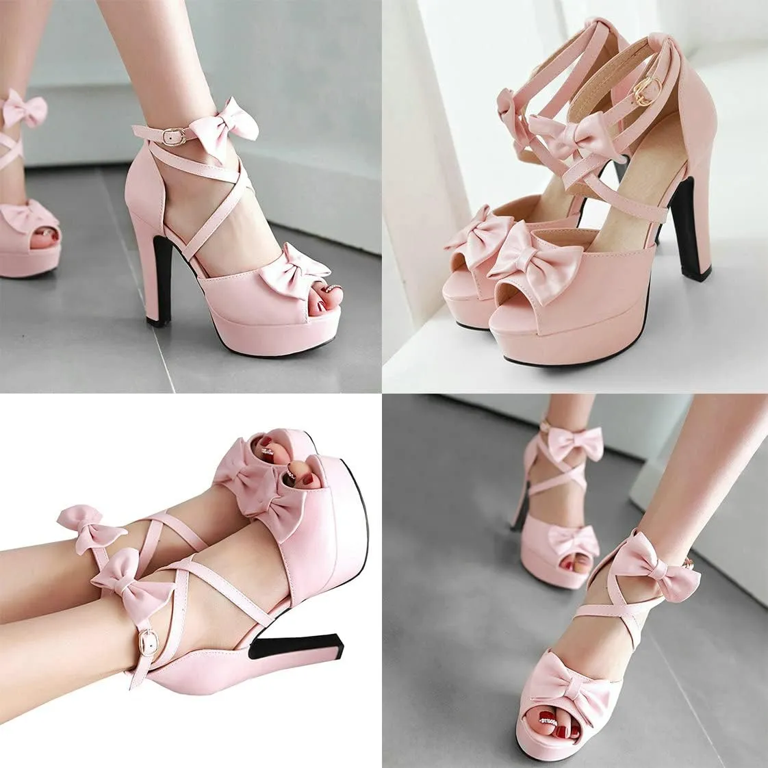 BEAUPAS Women's Peep Toe Chunky Block High Heels Platform Sandals Buckle Ankle Strappy Heeled Sandals Cute Bow Shoes