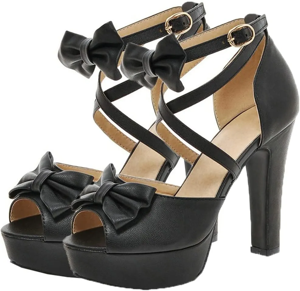BEAUPAS Women's Peep Toe Chunky Block High Heels Platform Sandals Buckle Ankle Strappy Heeled Sandals Cute Bow Shoes
