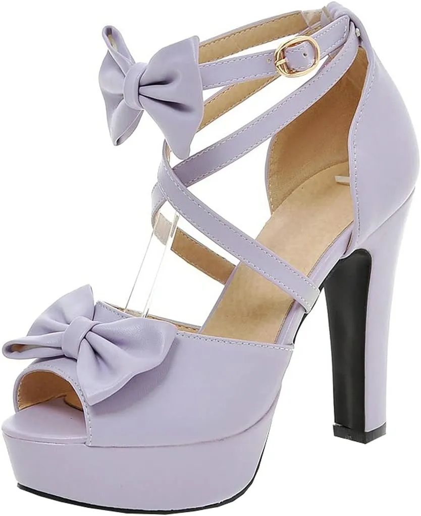 BEAUPAS Women's Peep Toe Chunky Block High Heels Platform Sandals Buckle Ankle Strappy Heeled Sandals Cute Bow Shoes