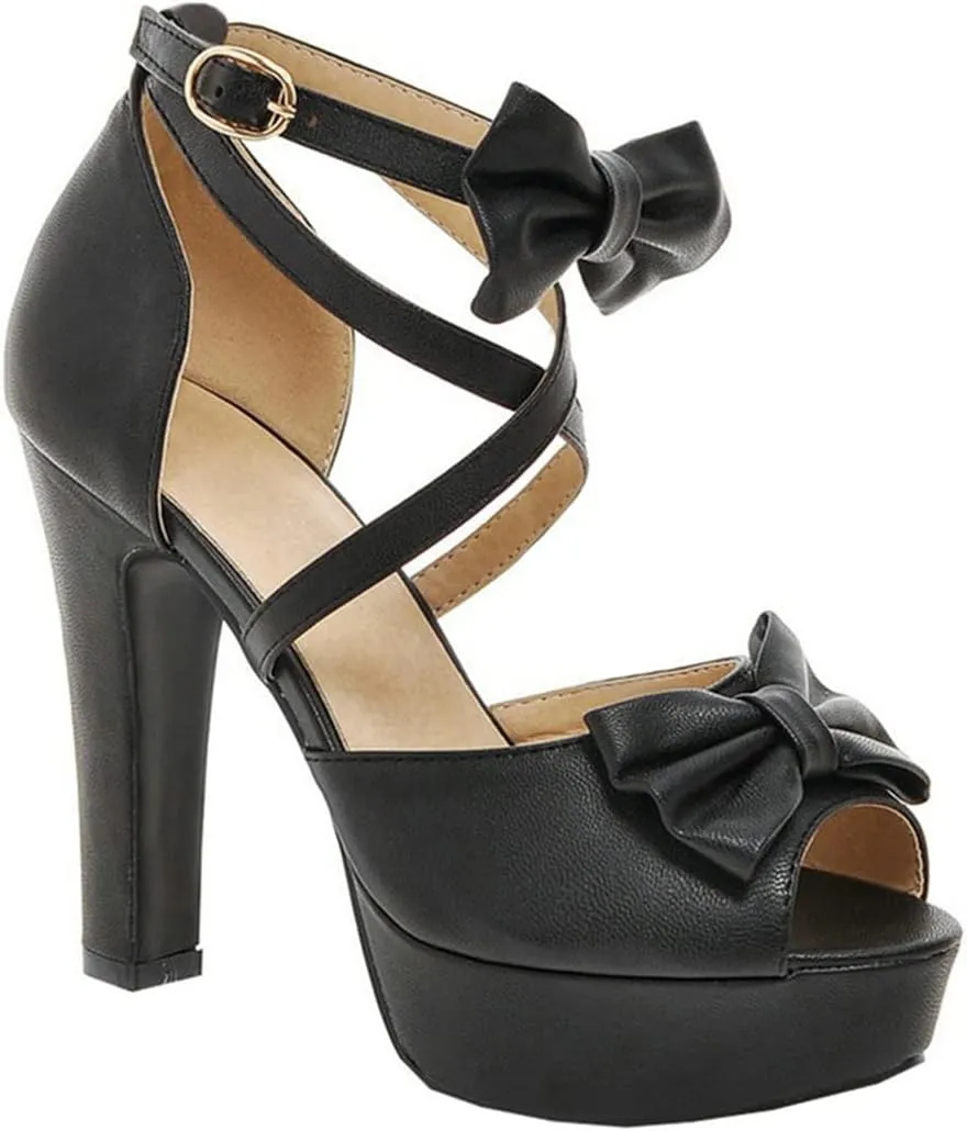 BEAUPAS Women's Peep Toe Chunky Block High Heels Platform Sandals Buckle Ankle Strappy Heeled Sandals Cute Bow Shoes