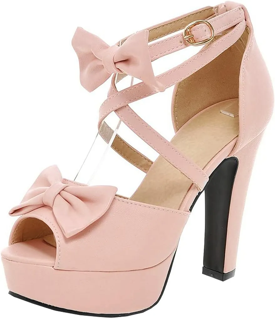 BEAUPAS Women's Peep Toe Chunky Block High Heels Platform Sandals Buckle Ankle Strappy Heeled Sandals Cute Bow Shoes