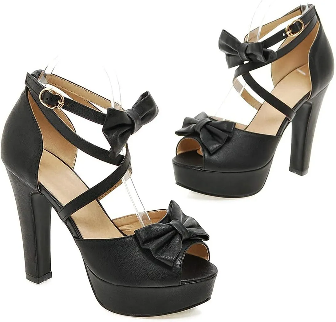 BEAUPAS Women's Peep Toe Chunky Block High Heels Platform Sandals Buckle Ankle Strappy Heeled Sandals Cute Bow Shoes