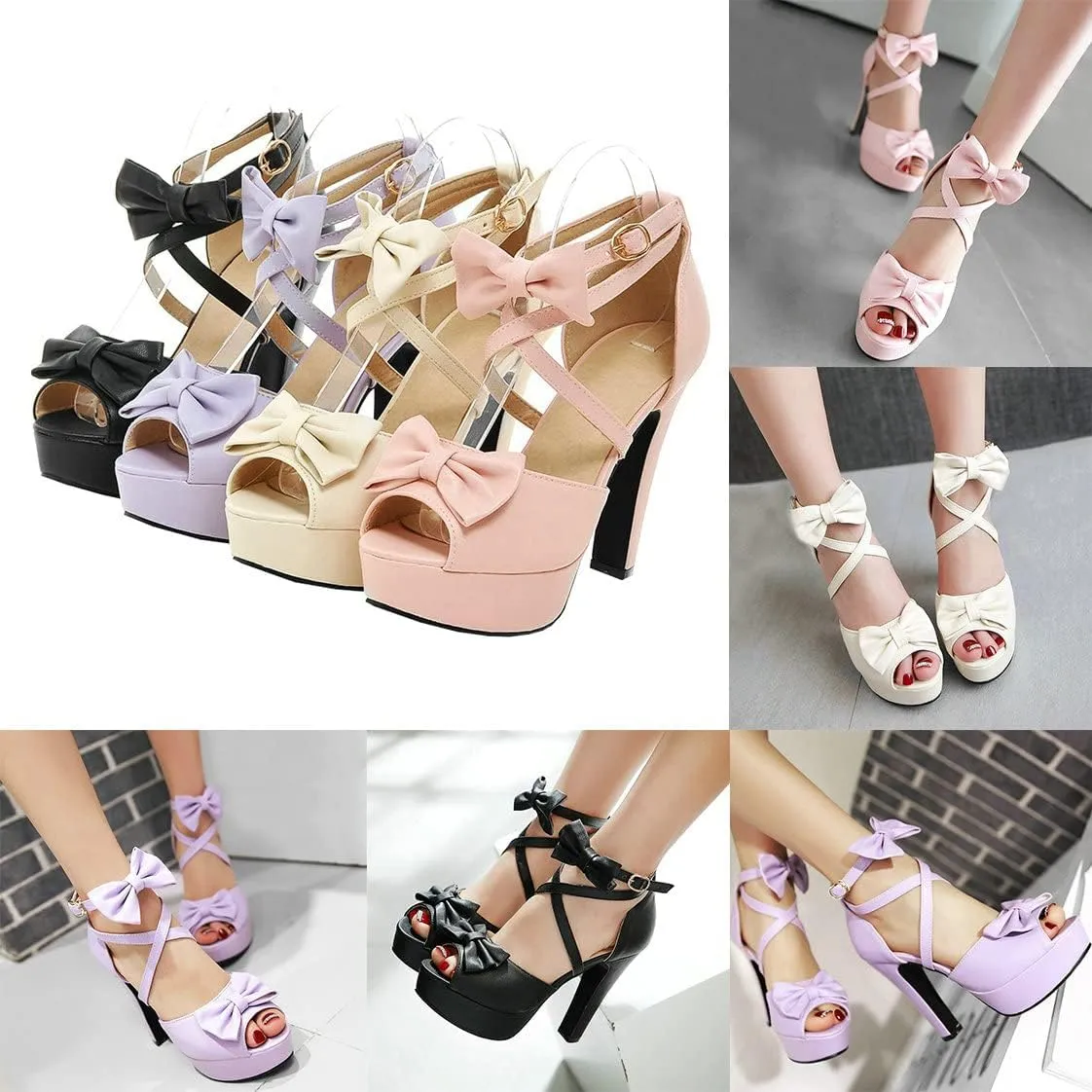 BEAUPAS Women's Peep Toe Chunky Block High Heels Platform Sandals Buckle Ankle Strappy Heeled Sandals Cute Bow Shoes