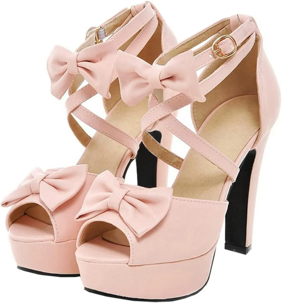 BEAUPAS Women's Peep Toe Chunky Block High Heels Platform Sandals Buckle Ankle Strappy Heeled Sandals Cute Bow Shoes