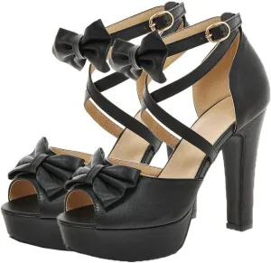 BEAUPAS Women's Peep Toe Chunky Block High Heels Platform Sandals Buckle Ankle Strappy Heeled Sandals Cute Bow Shoes