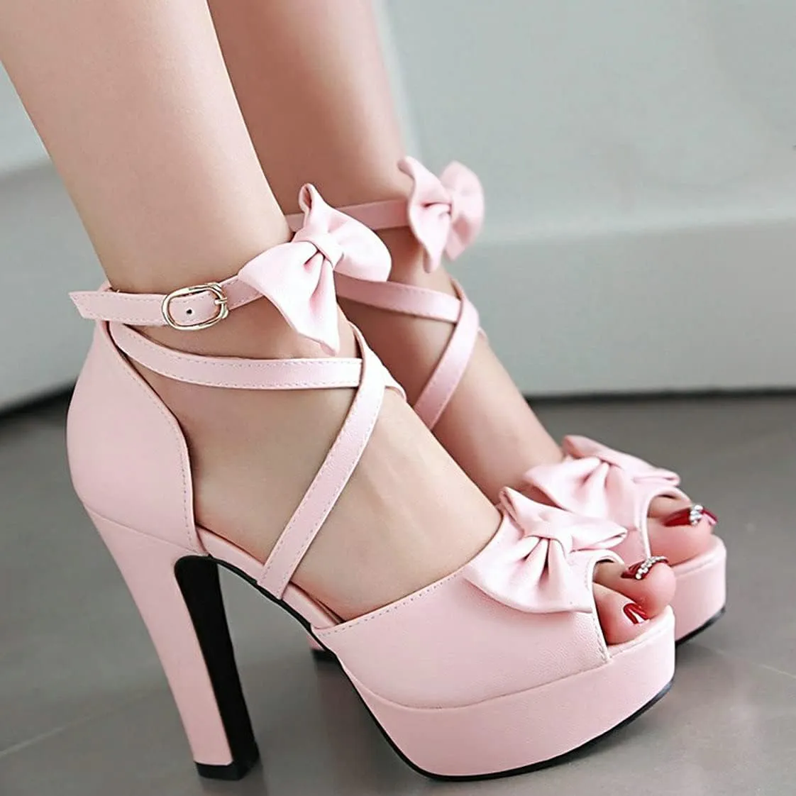 BEAUPAS Women's Peep Toe Chunky Block High Heels Platform Sandals Buckle Ankle Strappy Heeled Sandals Cute Bow Shoes