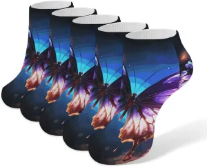 Beautiful Glowing Butterfly Ankle Socks for Men & Women, 5 Pairs Breathable Soft Low Cut Socks, Stretch Sweat Wicking Sox