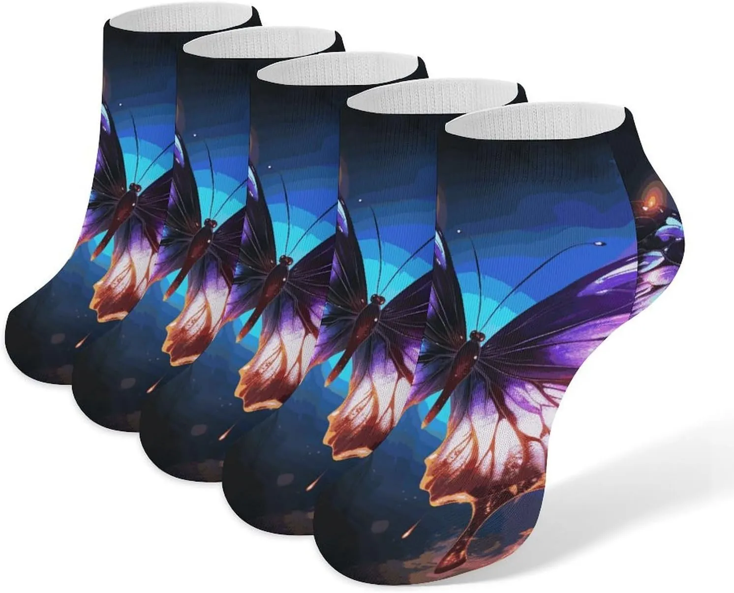 Beautiful Glowing Butterfly Ankle Socks for Men & Women, 5 Pairs Breathable Soft Low Cut Socks, Stretch Sweat Wicking Sox