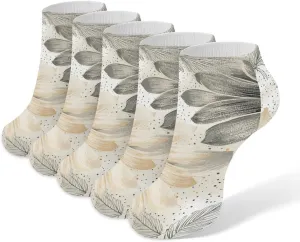 Beige And White Stripes Ankle Socks for Men & Women, 5 Pairs Breathable Soft Low Cut Socks, Stretch Sweat Wicking Sox